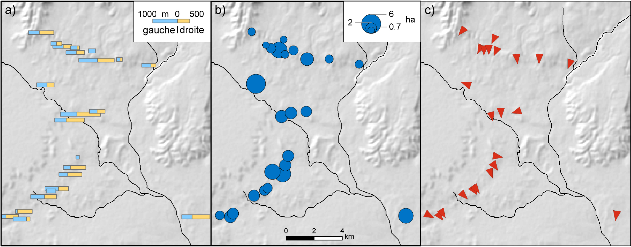 Fig. 6 : Examples of thematic maps : a) length of antennas, b) area of the enclosures, c) direction of opening